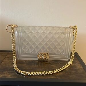 Cream and Gold Quilted Crossbody Bag with Chain